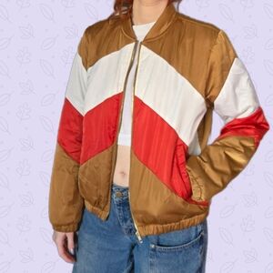Forever 21 Tri-Tone Bomber Jacket - Tan, Red, White